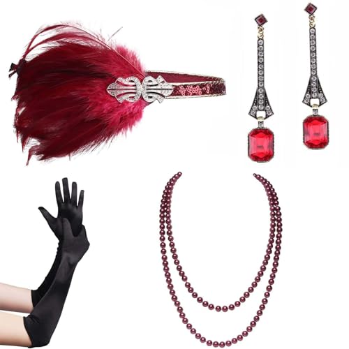 MEELYHOME Weibliches Flapper-Kostüm GatsbyParty Stirnband Halskette Ohrringe Handschuhe 1920er Jahre Vintage Cosplay Party Kostüm Zubehör Set Vintage Zubehör Set Mädchen Kostüm Zubehör Partyzubehör