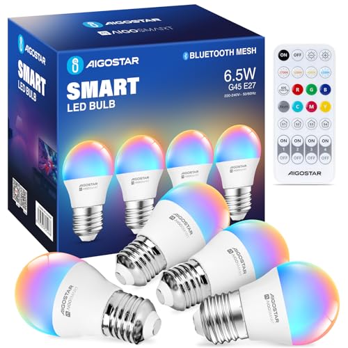 Aigostar 6.5W Alexa Glühbirne Bluetooth Mesh G45, Smarte Glühbirne Funktioniert mit Alexa, Smart Bulb E27 LED 555LM RGB & 2700K-6500K, 4 Stücke (mit Bluetooth-Fernbedienung).