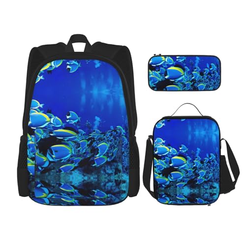 WURTON Schulrucksack-Set mit blauen Fischen, Ozean-Druck, 3-in-1 Büchertasche-Set mit Lunchbox, Federmäppchen, Reise, Laptop, Tagesrucksack