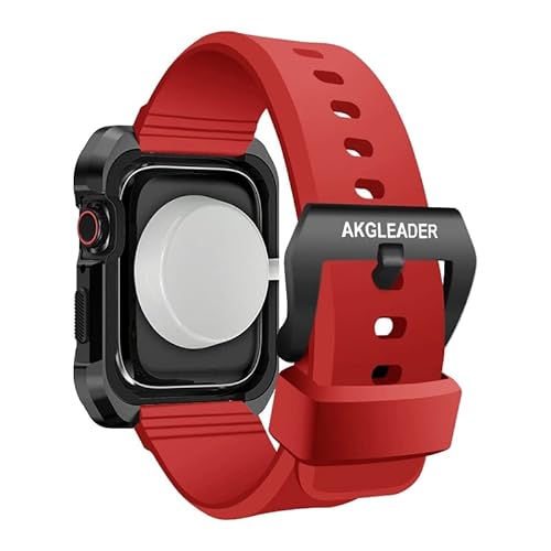 TONECY MOD Schutzhülle mit Silikonband für Apple Watch Serie 5, 4, 6, 7, 8, für iWatch 45 mm/44 mm, Armband, Displayschutzfolie, Farbe: Rot, Größe: 45 mm