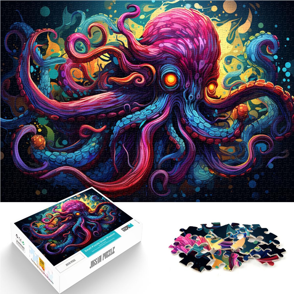 Spielgeschenk Puzzle Psychedelische Bunte Krake Kunst Puzzle für Erwachsene 1000 Teile Holzpuzzle Familienaktivität Puzzle 1000 Stück (50x75cm)