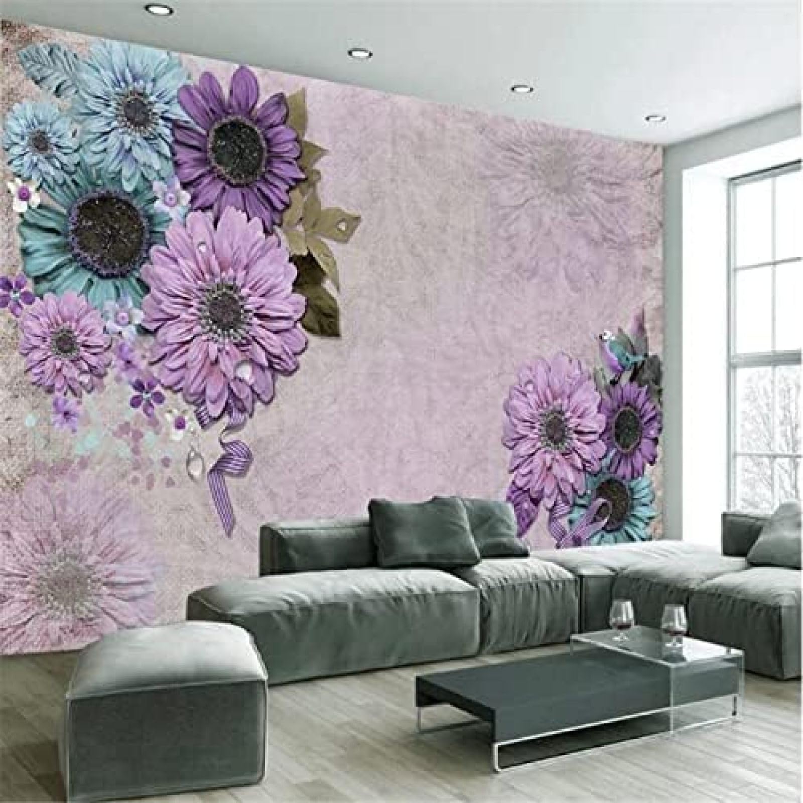 XLMING Lila Blumen 3D Tapete Wohnzimmer Sofa Schlafzimmer Esszimmer Home Dekoration Wand-200cm×140cm