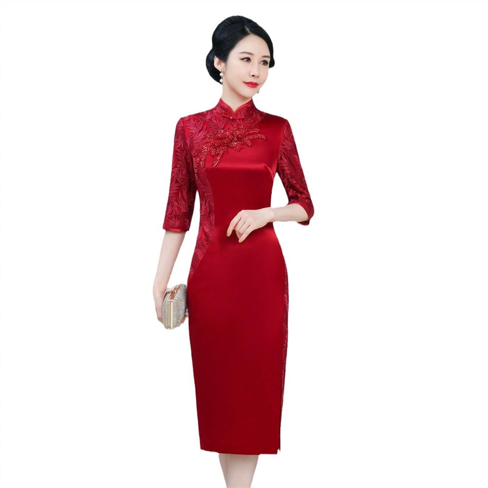 Damen Cheongsam-Kostüm Mit Spitze Und Blumenmuster, Frauen Retro Spitze Spleißen Elegante Stickerei Seite Schlitz Qipao, 2/3-Ärmel, Figurbetontes Qipao Mit Blumendruck, Für Frauen Oma (Color : Red,