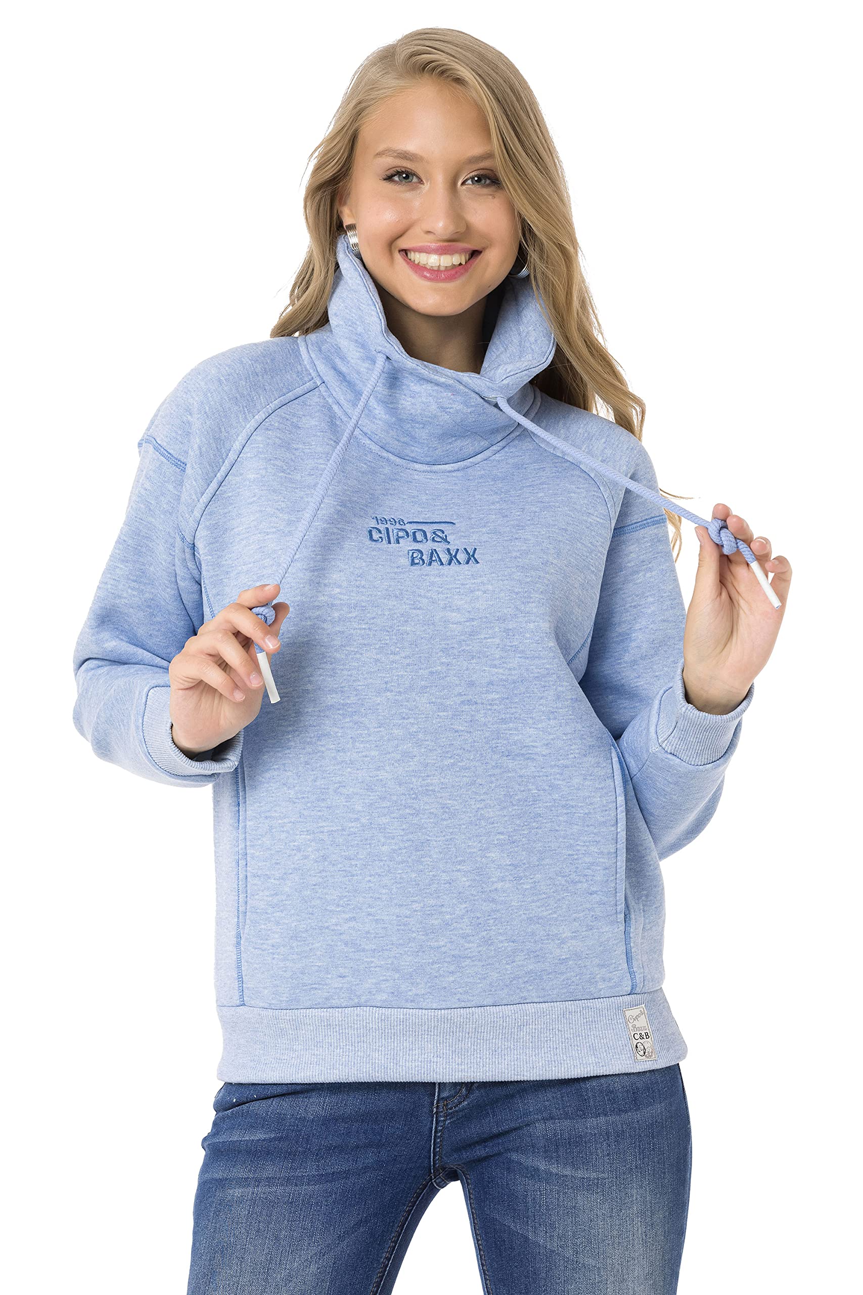 Cipo & Baxx Damen Sweater Hoherkragen Hoodie Sweatshirt WL336 Blau L