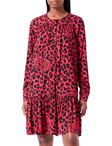 Love Moschino Damen Long Sleeves in Fluid Stretch Viscose Fabric With Brand Animalier Allover Print Dress, Red Black, 42 EU