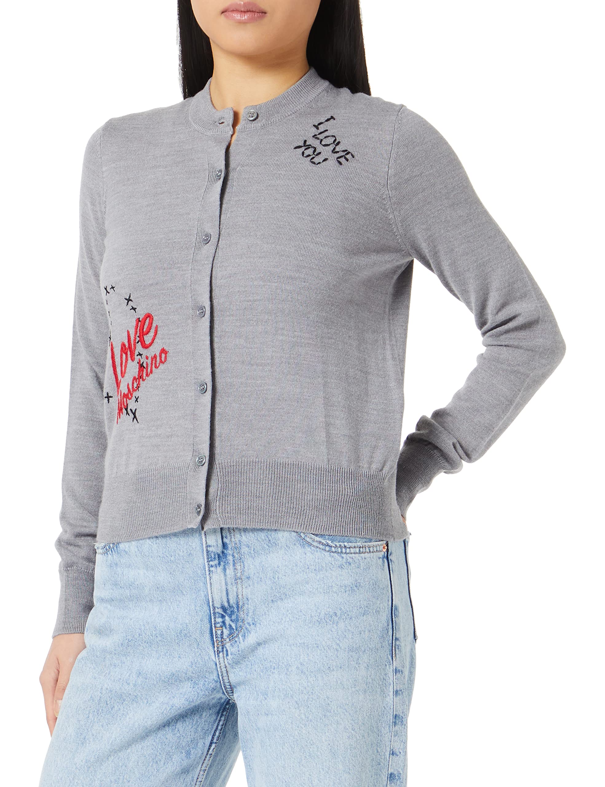 Love Moschino Women's Regular fit Long-Sleeved, 12 Gauge, with Mix of Embroidery. Cardigan, MEDIUM Gray, 38