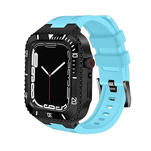 KANUZ Modifikationsset, Metall-Lünettenrahmen für iWatch 8, 7, 6, 5, 4 SE, Stahlband und Gummi-Uhrenarmband für Apple Watch Case Band 7, 45 mm, 44 mm (Farbe: Blau/Schwarz, Größe: 45 mm)