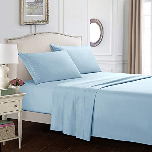 YIHANSS Bettlaken-Set – Spannbettlaken, Bettlaken, Kissenbezug, 4-teiliges Set für Hotel 1116 (Farbe: Marineblau, Größe: (167 x 243 cm) – 5 Stück) (Hellblau (205 x 243 cm))