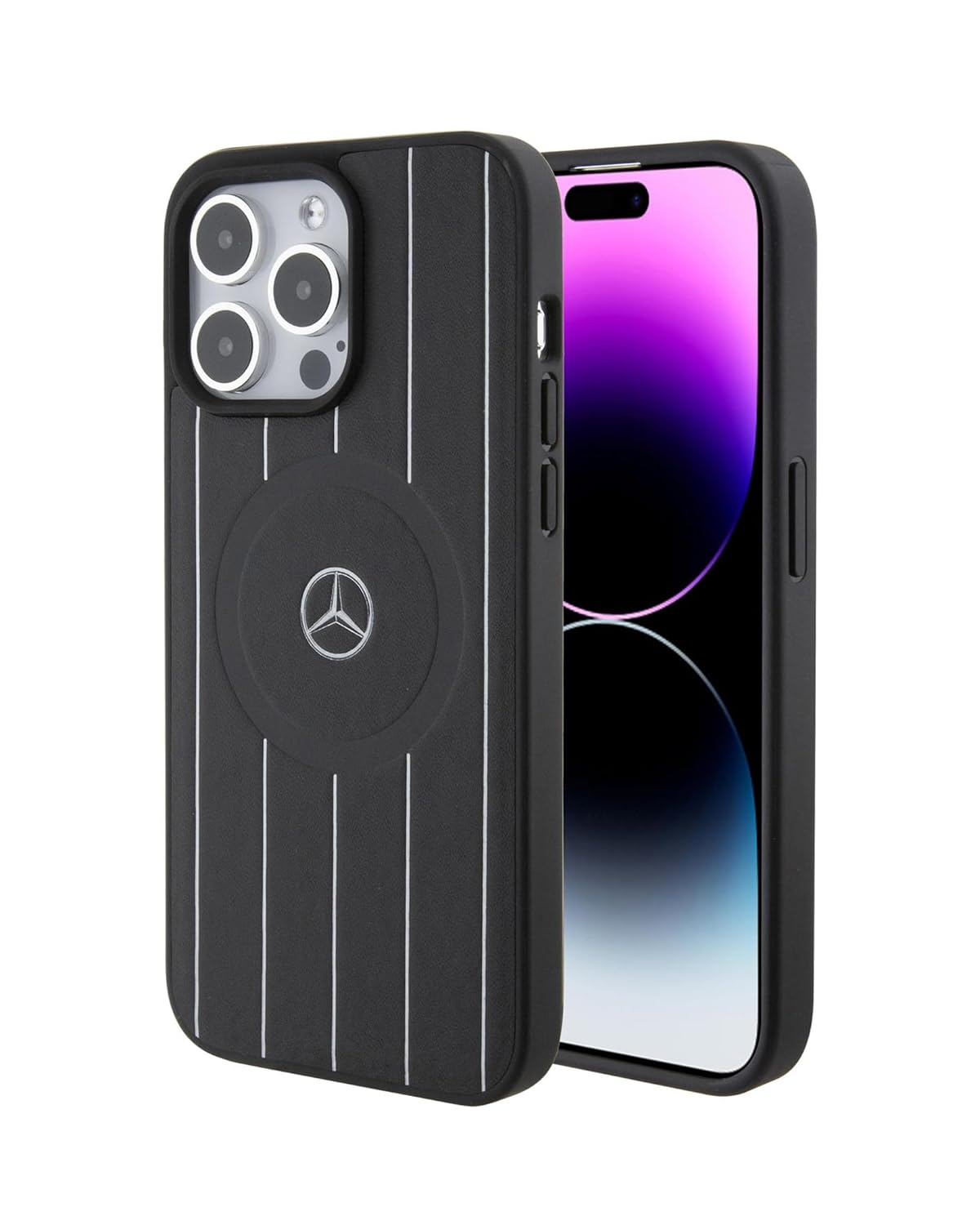 Mercedes-Benz Handyhülle Kompatibel mit Magsafe iPhone 15 Pro Max in Schwarz und Weiß Linienmuster, Echt Leder Schutzhülle & Durable Case mit Easy Snap-on, Stoßdämpfung & Signature Logo