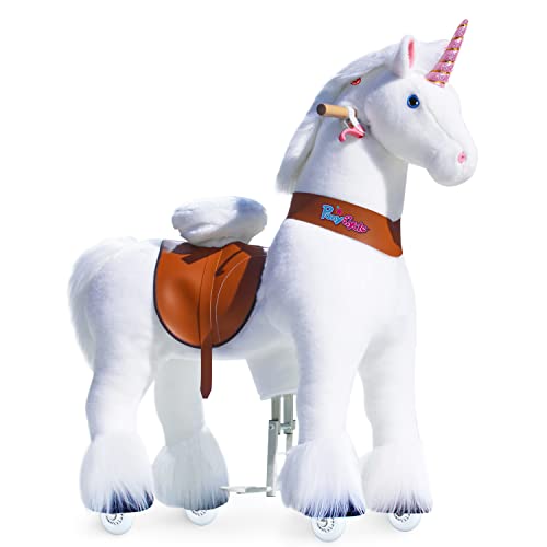 PonyCycle Klassisch Modell U Fahrt auf Einhorn Laufendes Tier Plüschtier Reitendes Einhorn auf Rädern (mit Bremse und Klang/ 108 cm Höhe/ Größe 5 für Alter 7+) Weißes Einhorn Ux504