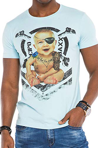 Cipo & Baxx Herren Slim Fit T-Shirt Freizeit Shirt Kurzarm T-Shirt mit Print und Label-Details Hellblau M