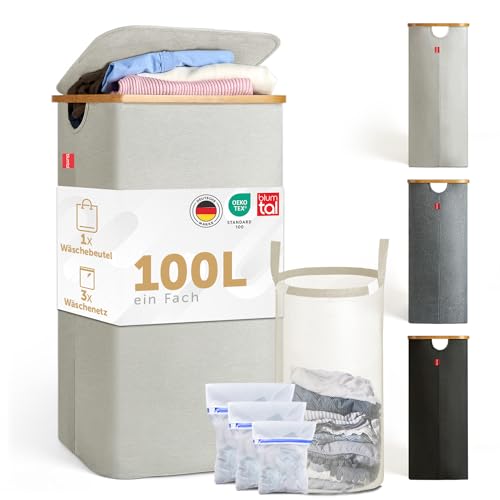 Blumtal® Wäschekorb 1 Fach 100L - waschbarer und hygienischer Wäschesammler schmal mit herausnehmbarem Wäschenetz - Wäschekorb mit Deckel & Bambusrand - Wäscheboxen - Laundry Basket - Wäschekorb beige