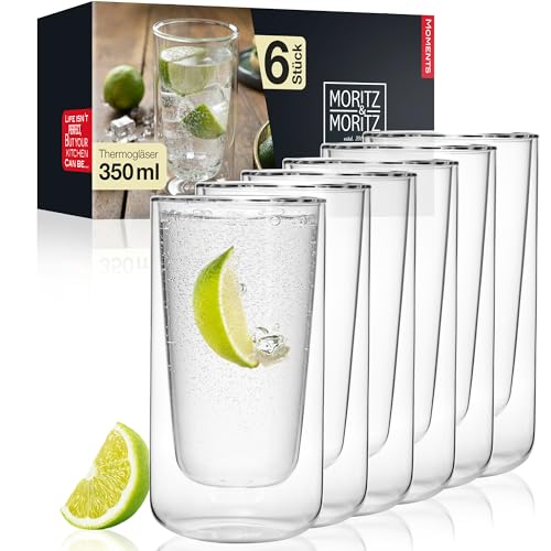 Moritz & Moritz 6x 350 ml Trinkgläser Set Doppelwandig - Doppelwandige Gläser für Cocktails, Wasser, Tee, Kaffee oder Longdrinks - Spülmaschinengeeignet