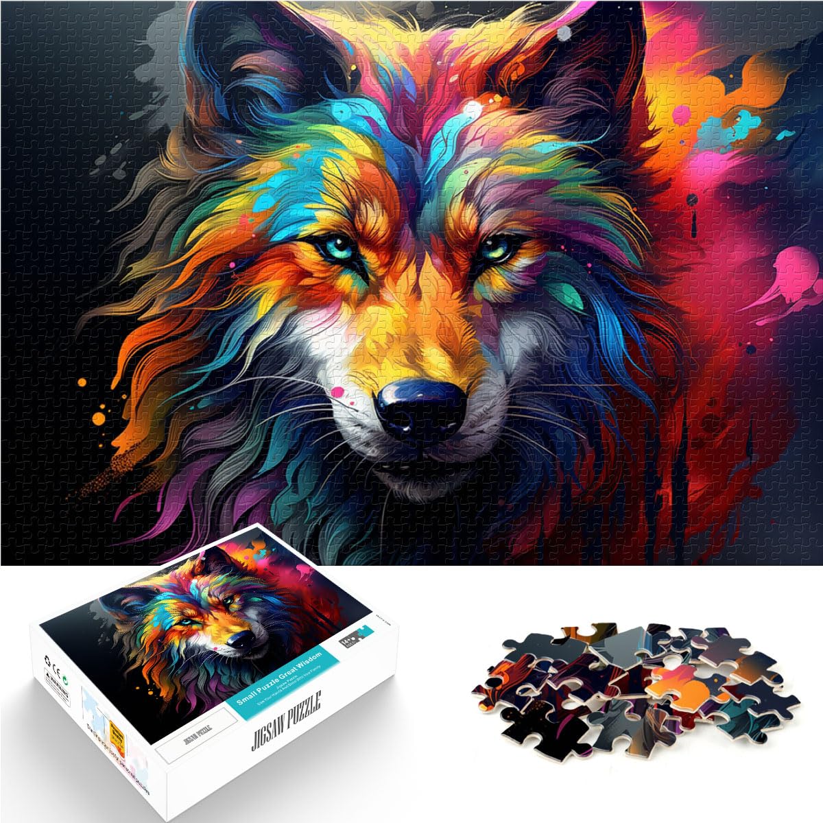 Puzzle für farbenfrohe Gekritzel-Wolfskunst, 1000 große Teile, Puzzle für Erwachsene, Holzpuzzle für anspruchsvolles Puzzlespiel und Familienspiel, 1000 Teile (50 x 75 cm)