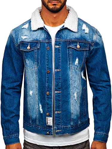 BOLF Herren Jeansjacke Übergangsjacke Trucker Jacket Sherpa Jacke mit Fell Teddyfell Jeans Denim Jacket Freizeitjacke Vintage Retro Classic Street Style Basic Casual Style MJ502B Dunkelblau L [4D4]