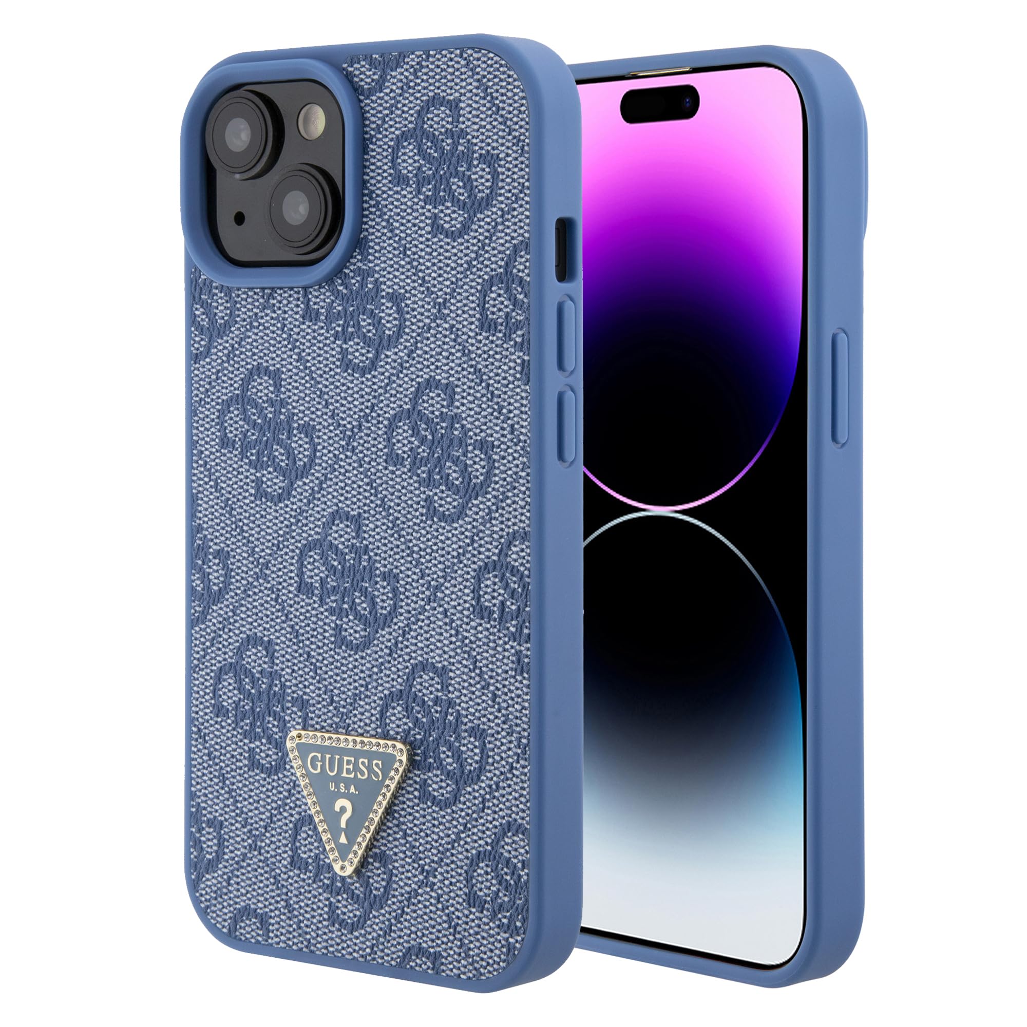 GUESS GUHCP15SP4TDPB Hülle für iPhone 15 6.1" Blau hardcase Leather 4G Triangle Strass