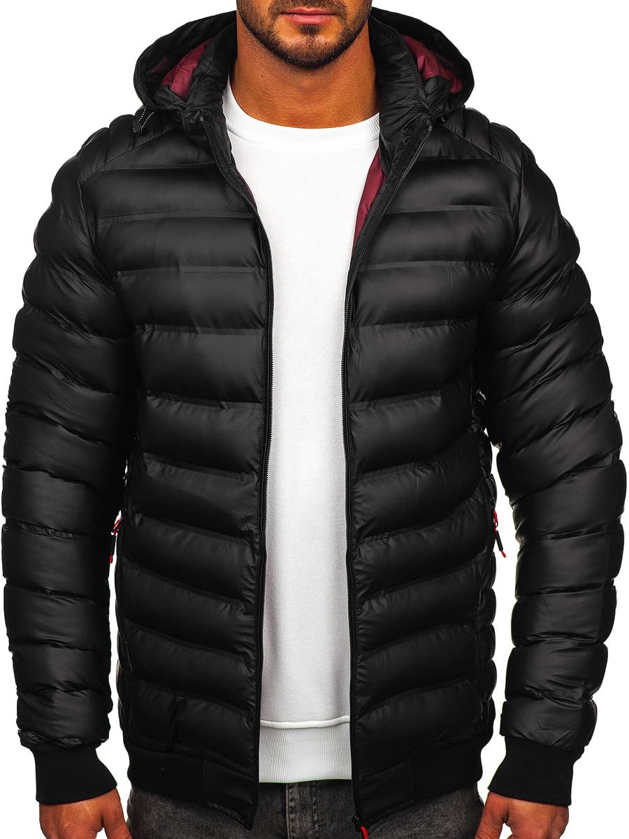 BOLF Herren Winterjacke Steppjacke Übergangsjacke Puffer Daunenjacke Reißverschluss Sportjacke Fell Kapuze Gepolstert Zip Outdoor Casual Style 22M325 Schwarz S [4D4]