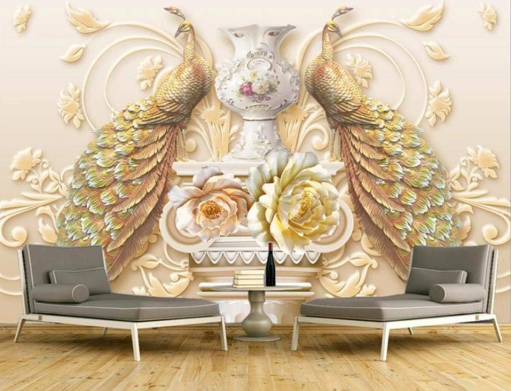 Relief Goldener Pfau 3D Tapete Poster Restaurant Schlafzimmer Wohnzimmer Sofa TV Dekorative Wand-350cm×256cm