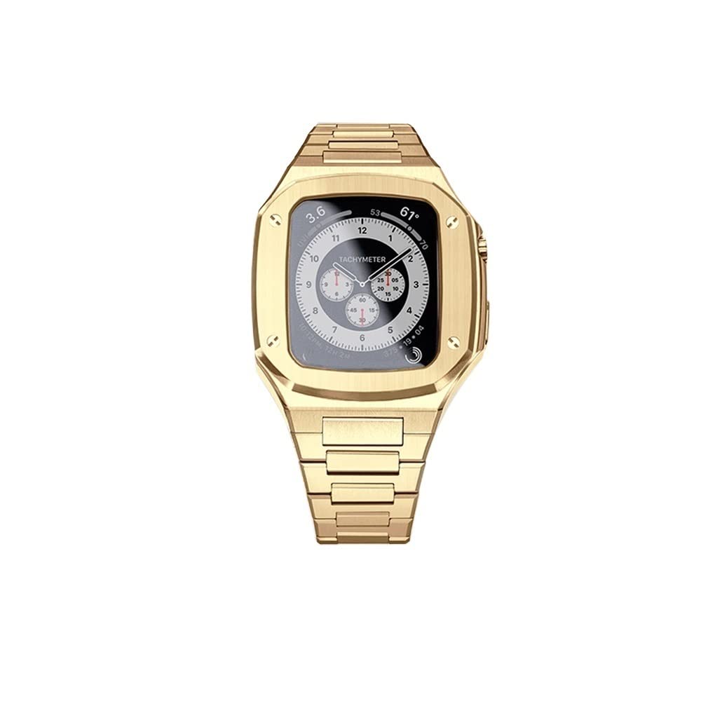 KANUZ Edelstahlarmband für Apple Watch, 45 mm, 44 mm, Serie 7, 6, SE, 5, 4, Metallgehäuse, iWatch Band, 45 mm, Schutzabdeckung, Zubehör (Farbe: Gold, Größe: 44 mm für 6/5/4/SE)