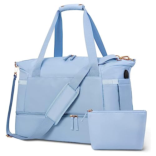 ohodhmnu Damen Tragetasche, Turnbeutel mit Nassfach Schuhfach Reise DuffelBag für Flugzeug Sport Gym Schwimmen Yoga Wasserdichte Tasche, himmelblau, with scarf