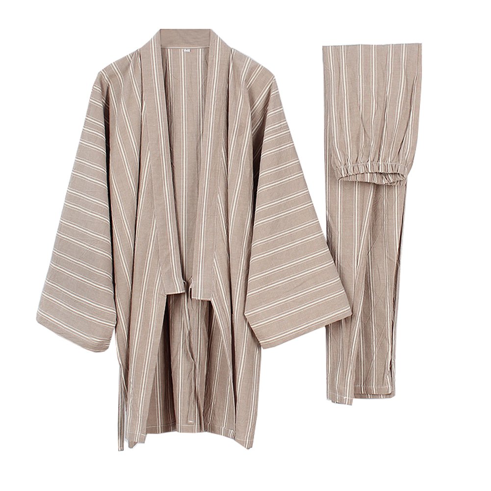 [Größe L, Khaki] -Mens Kimono-Pyjamas im Japanischen Stil Anzug Dressing Gown Set