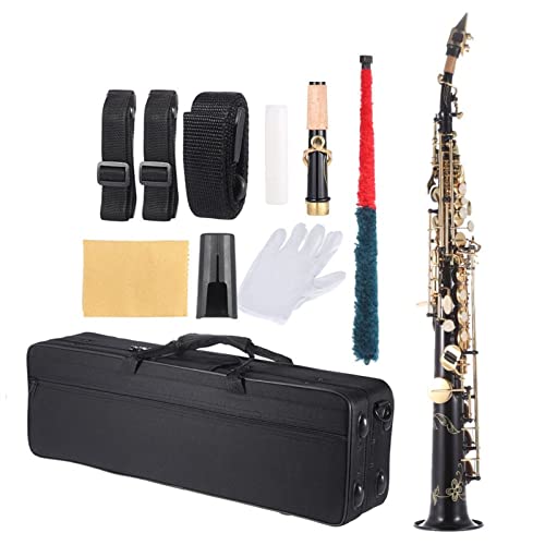 Messing Gerade Sopran- Saxoaxophon BB B Flacher Holzwind- Instrument Natürliche Schale Key Carve Muster mit Tragekoffer (Color : Black)