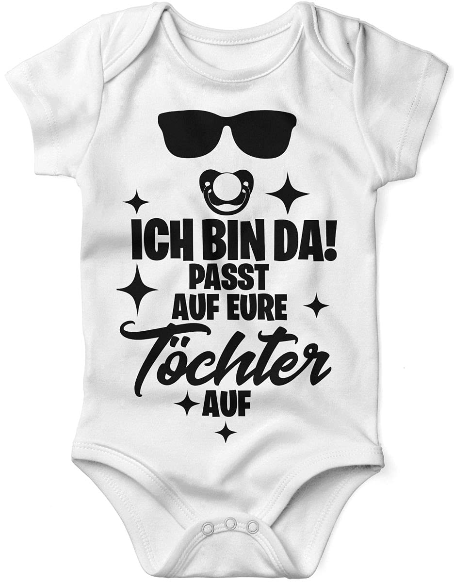 miKalino Babybody kurzarm Ich bin da! Passt auf eure Töchter auf. 100% handbedruckt in Deutschland - bei 60 Grad waschbar - mit Spruch, Farbe:weiss, Grösse:80