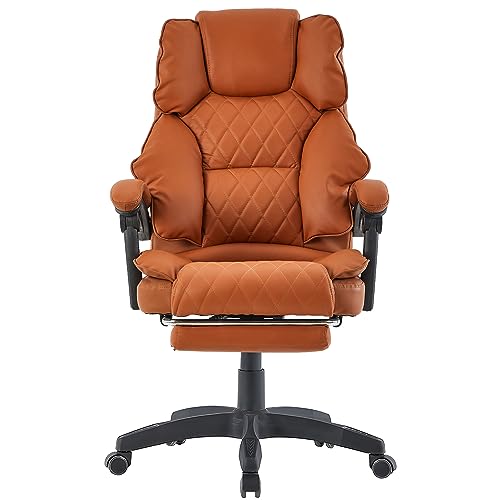 Bürostuhl mit Fußstütze und flexiblen 3-Punkt-Armlehnen - Schreibtischstuhl im Lederoptik-Design - ergonomischer Bürostuhl mit einer verstellbaren Rückenlehne für gesündere Sitzhaltung, Farbe:Hellbraun