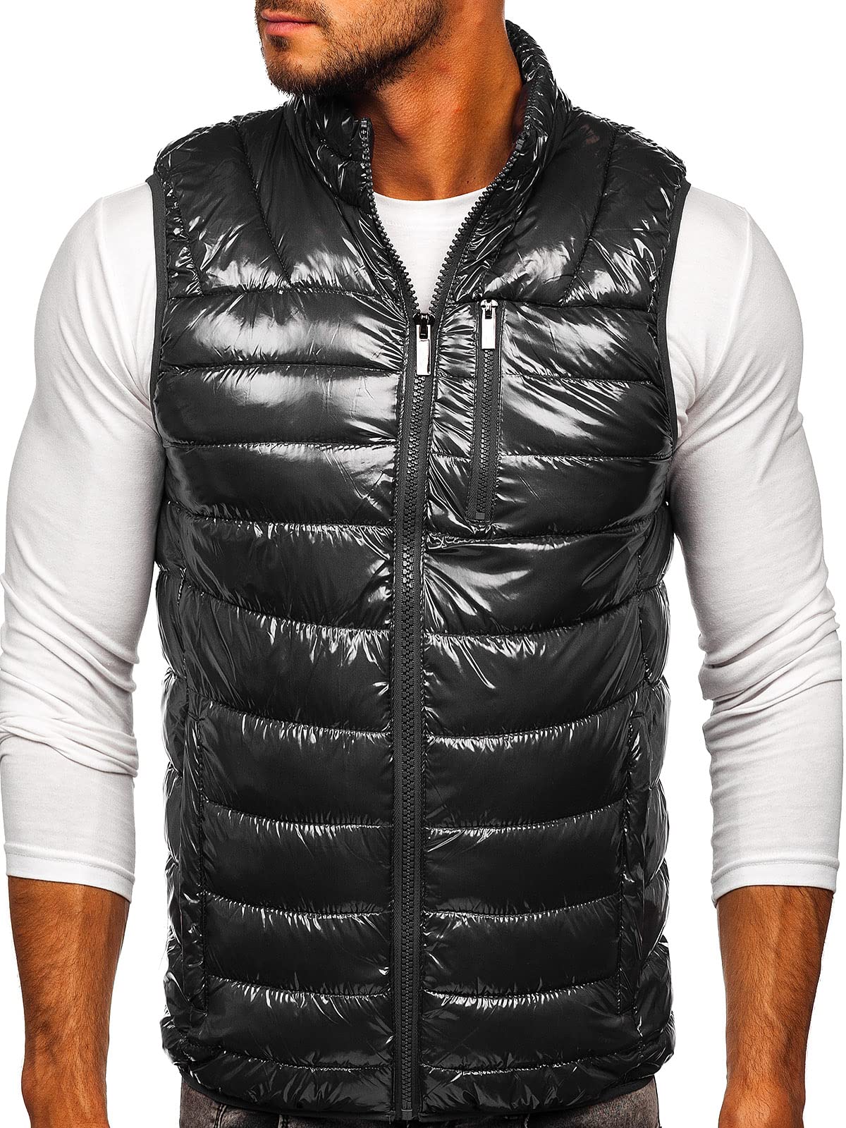 BOLF Herren Weste Stehkragen Steppweste Bodywarmer Daunenweste Reißverschluss Weste Ärmellose Sportweste Zip Wärme Freizeit Outdoor Style R0109A Dunkelgrau XXL [1U1]