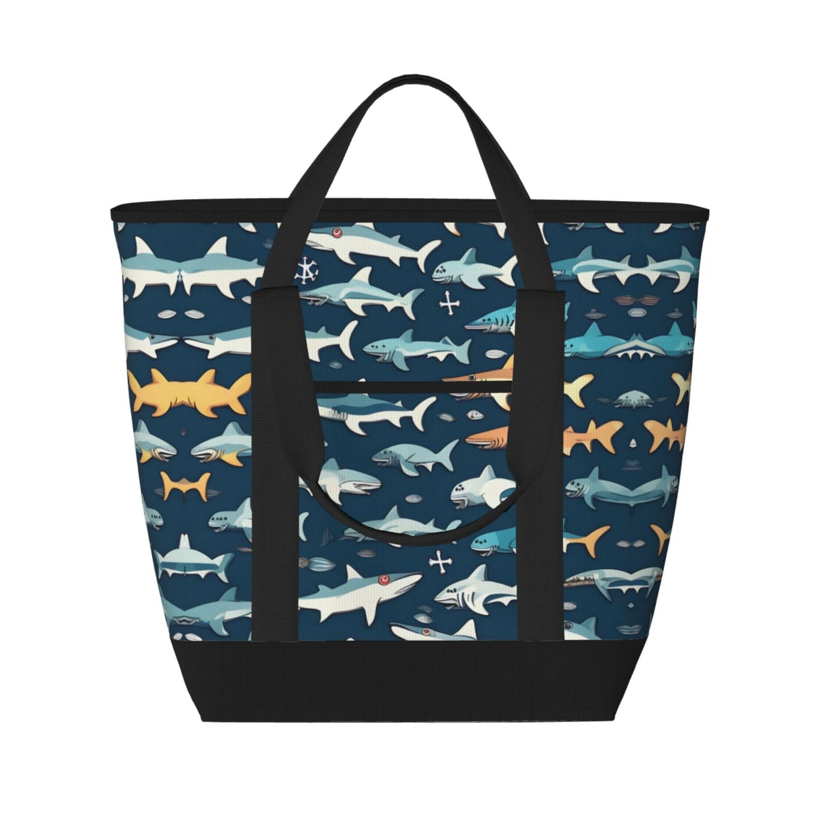 YQxwJL Isolierte Kühltasche mit Haifisch-Motiv, großes Fassungsvermögen, Einkaufstasche, Reisetasche, Strand, wiederverwendbare Einkaufstasche für Erwachsene, Schwarz, Einheitsgröße