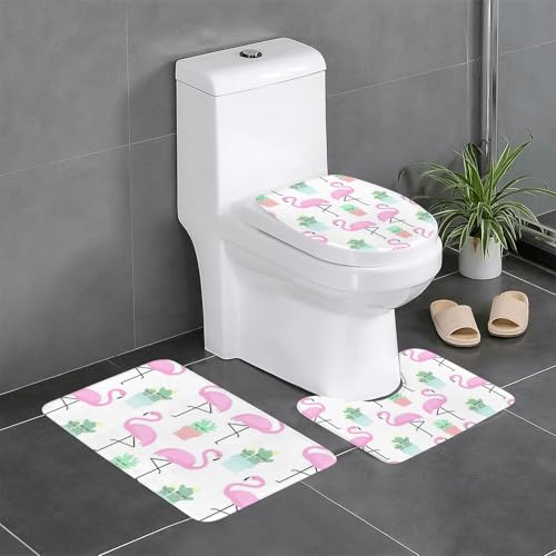 Wurton Badezimmerteppich-Set mit tropischem Flamingo, niedlicher Kaktusdruck, Polyester, stilvoll, funktional, Badezimmerteppich, Zubehör, 3 Stück