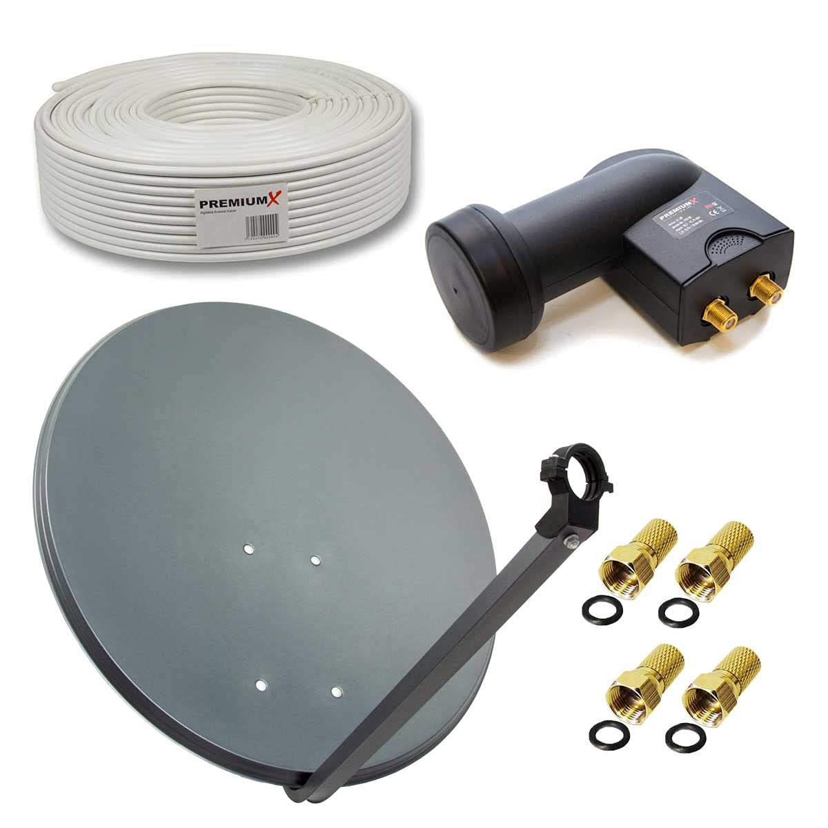 PremiumX Satelliten-Komplettanlage 60cm Antenne Anthrazit Schüssel SAT Twin LNB 50m Antennenkabel 4X F-Stecker