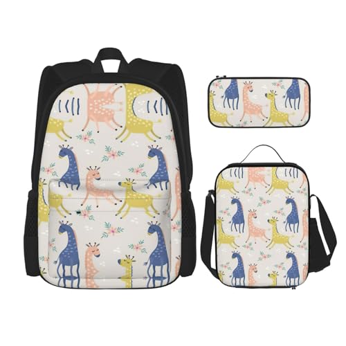 WURTON Niedlicher Schulter-Rucksack mit Giraffen-Druck, 3-in-1-Büchertaschen-Set, Lunchbox, Federmäppchen, Reise-Laptop-Tagesrucksäcke, Schwarz, Einheitsgröße