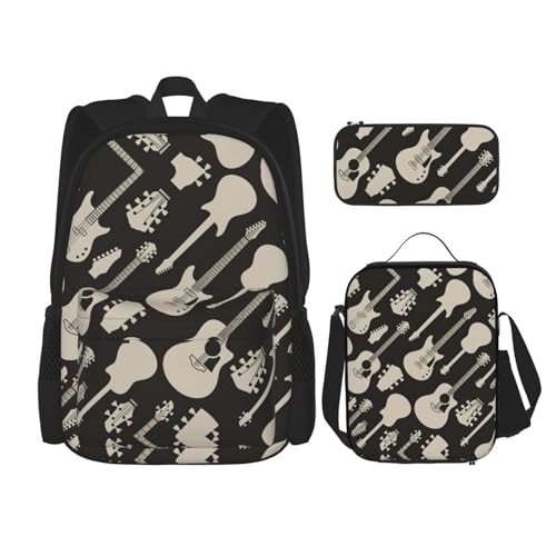 WURTON Rucksack mit Gitarrenmuster, 3-in-1, Büchertaschen-Set, Lunchbox, Federmäppchen, Reise-Laptop, Tagesrucksäcke, Schwarz, Einheitsgröße