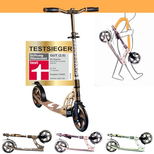 SIX DEGREES Aluminium Scooter mit Klappmechanismus u. Ständer, 205 mm, höhenverstellbarer Cityroller für Kinder und Erwachsene, Roller in golden Dusk, TESTSIEGER