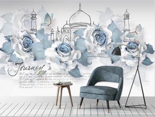 Blaue Blumen Schmetterlinge Schloss 3D Tapete Poster Restaurant Schlafzimmer Wohnzimmer Sofa TV Dekorative Wand-300cm×210cm