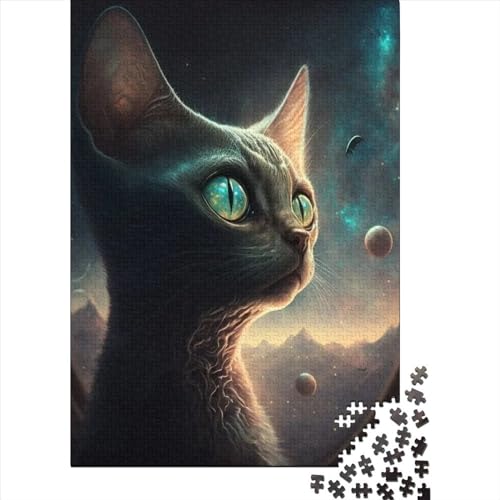 Puzzle für Erwachsene, Alien-Katze, 1000-teiliges Puzzle, geeignet für Erwachsene und Jugendliche ab 12 Jahren, Holzbrett-Puzzle, tolles Geschenk für Erwachsene, Größe: 75 x 50 cm