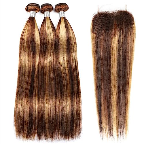 Human Hair Bundles Hervorgehobene gerade Echthaar-Bündel mit 4x4-HD-Spitzenverschluss, vorgezupft, P4/27-Farbe, peruanische Remy-Haarverlängerung, 220 g/Set human hair weave(Size:20 20 20 with 16)