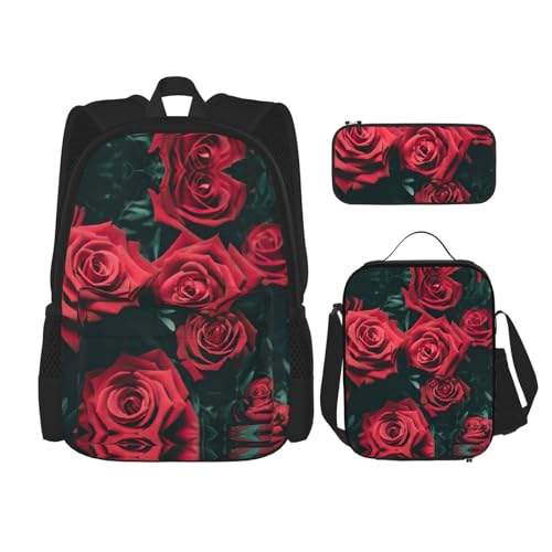 WURTON Schulrucksack-Set mit roter Rose, 3-in-1, Büchertasche, Set mit Lunchbox, Federmäppchen, Reise, Laptop, Tagesrucksack