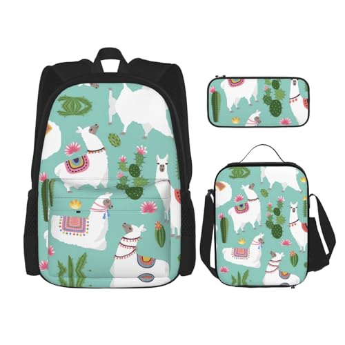 WURTON Schulrucksack-Set mit tropischem Lama, Alpaka, Kaktus, Blumendruck, 3-in-1, Büchertaschen-Set mit Lunchbox, Federmäppchen, Reise-Laptop, Tagesrucksäcke