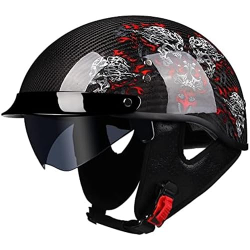 BYFHHHH Halbschalenhelm, ECE-Zugelassener Carbonfaser-Motorradhelm, Helm-Scooter, Integriertes Visier, Verstellbarer Schnellverschlussgurt, Für Cruiser, Chopper, Biker, Moped G,XXL=63~64CM