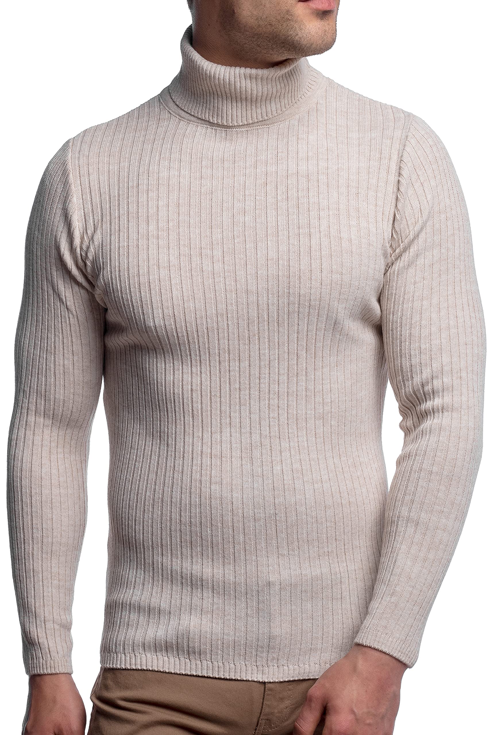 Karl´s People Herren Rollkragen-Pullover Herren Rolli S-5 XL • Rollkragenpullover für Herren mit Streifenmuster • Angenehmer Pullover Herren Langarm (XL, Beige)