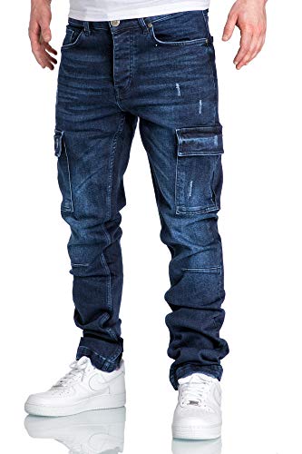 Amaci&Sons Herren Cargo Jeans Regular Slim Denim Hose Destroyed 7985 Dunkelblau W32/L32