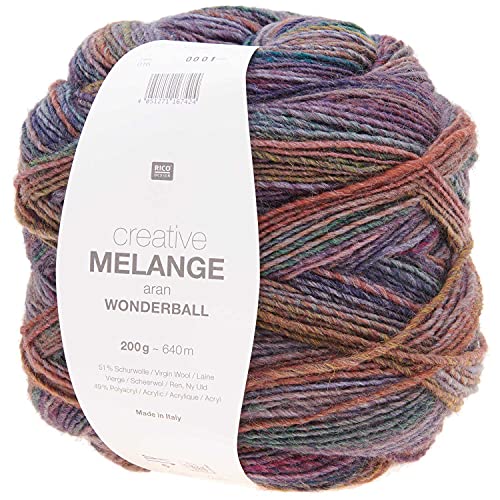 Rico Creative Melange Aran Wonderball Colour Gradient Wool Needle Size 5 mm for Knitting or Crocheting, Wool 200 g Ball