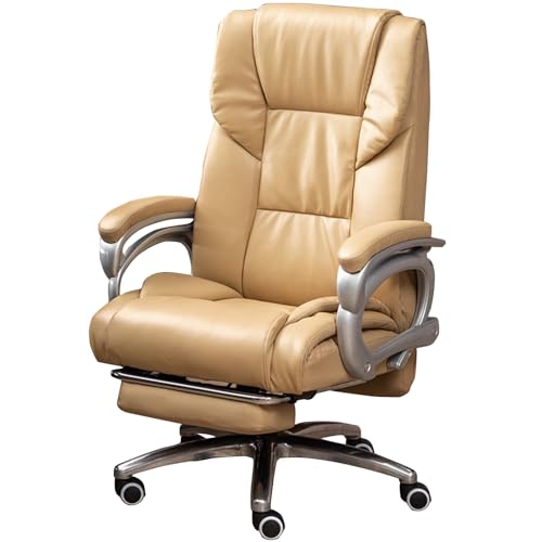 Bürostuhl aus echtem Leder, bequemer Chefsessel, Computerstuhl, ergonomischer Drehstuhl mit verstellbarer Rückenlehne und Fußstütze für schwere Personen (Beige) (Beige, Einheitsgröße) Ambitious