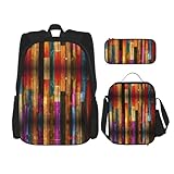 WURTON Farbenfroher Rucksack mit Holzdruck, trendige Tasche, Lunchbox und Federmäppchen, 3-in-1, verstellbares Rucksack-Set, Schwarz, Einheitsgröße, Schwarz , Einheitsgröße