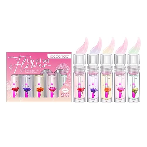 5 Stück Farbwechsel-Lippenöl, Blumen-Lipgloss, feuchtigkeitsspendender flüssiger Lippenstift, Lippenöl, Farbwechsel, Lipgloss, transparenter Lipgloss, Lippen-Make-up