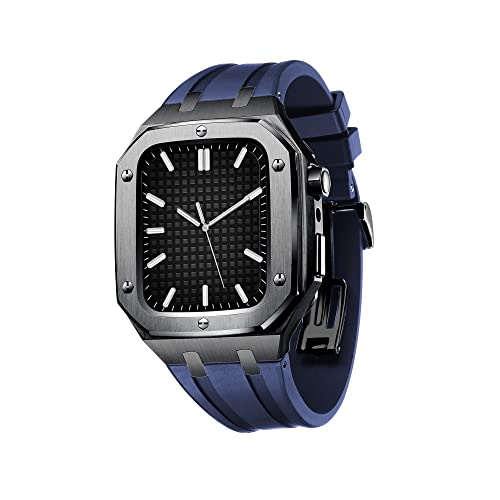 KANUZ Militärisches Metallgehäuse, Mod-Kit, Zubehör für Apple Watch Serie 7, SE, 6, 5, 4, Silikonband, stoßfest, 45 mm, 44 mm (Farbe: Schwarz / Blau, Größe: 45 mm für 7)