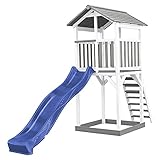 AXI Beach Tower Spielturm aus Holz in Weiß & Grau | Spielhaus für Kinder mit Blauer Rutsche und Sandkasten | Stelzenhaus für den Garten