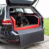 CopcoPet - Travel Bed Hundebett für Kofferraum 70x55x38 cm Kunstleder - Kofferraumschutz Hund wasserabweisend & Kratzfest - Hundebett Auto Anschnallsystem & Schutzdecke - Hundereisebett Rot/Schwarz